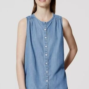 LOFT Blue Chambray Round Neck Sleeveless Button Down Swing Top